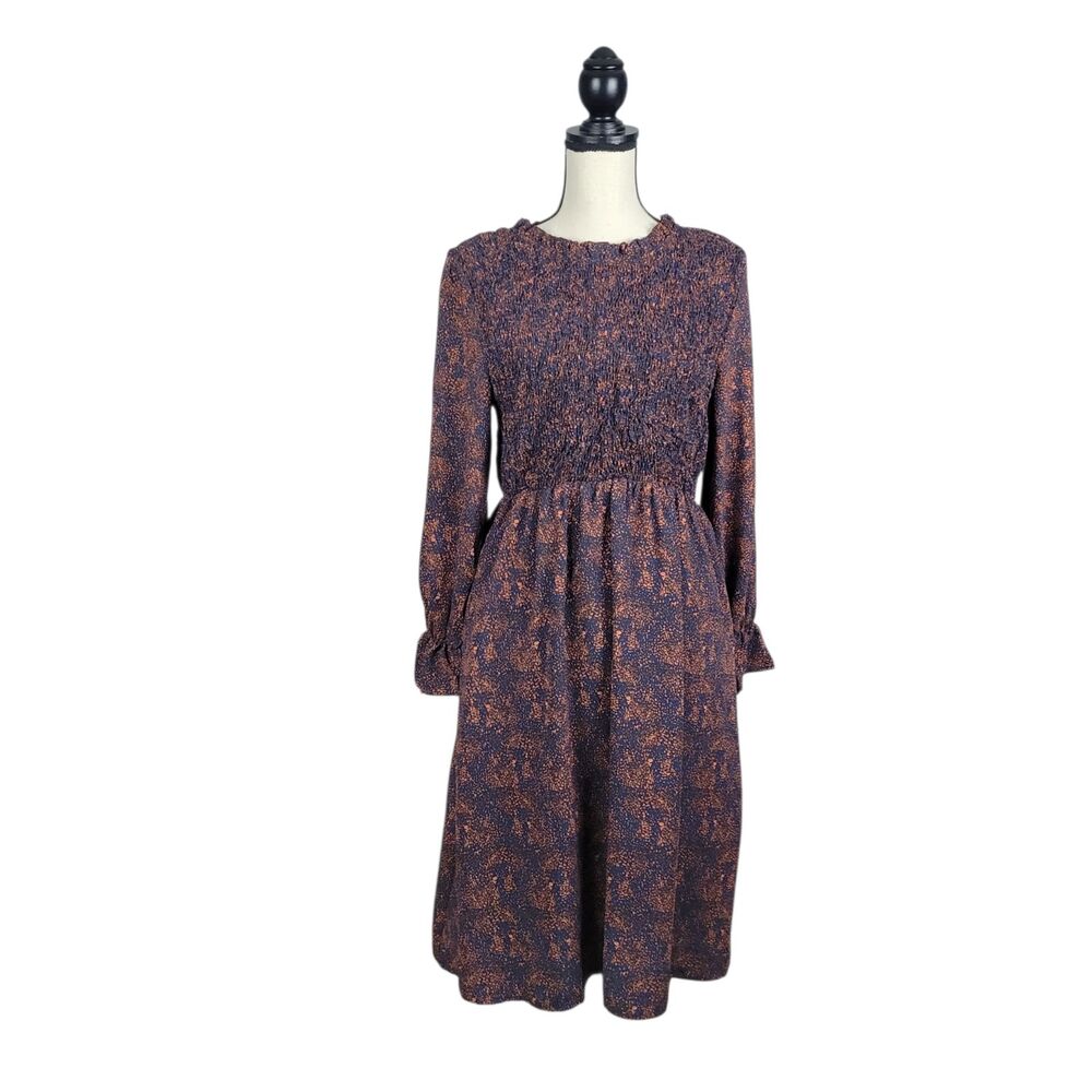 Tulip B Women's Navy Orange Animal Print Midi Dress Small Ruffle Long Sleeve NWT